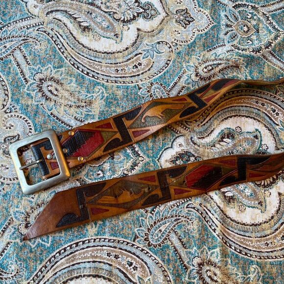Tooled Leather Boho Southwest Belt Stained Multicolor Silvertone Buckle Vintage main image 7